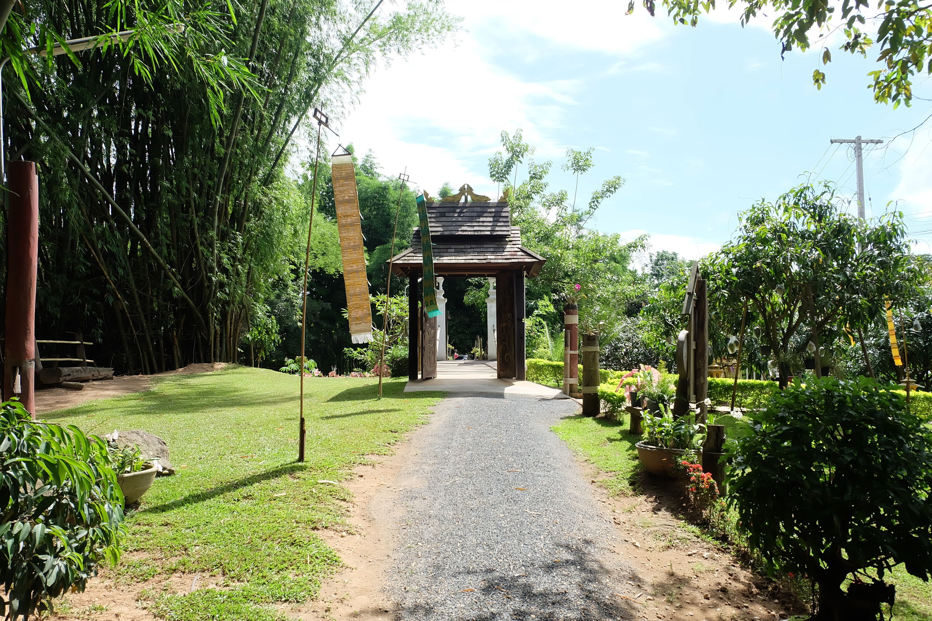A pathway leading to a traditional wooden structure surrounded by lush greenery.