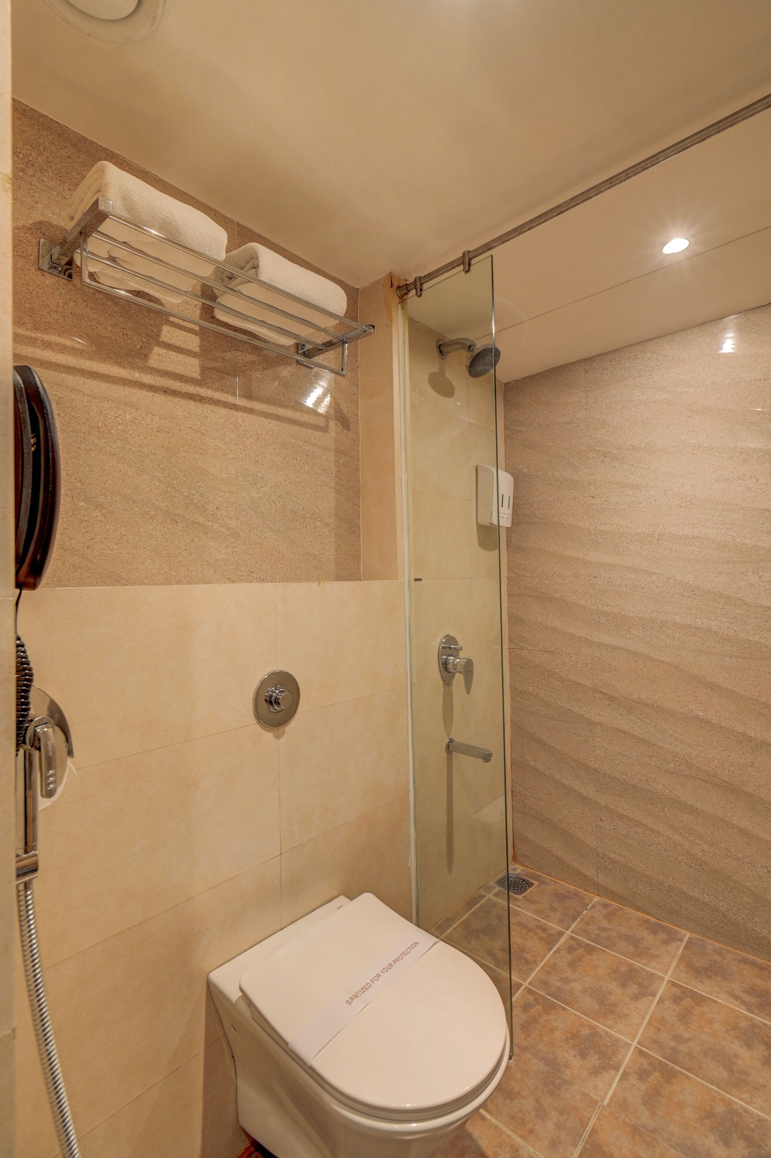 Un baño con ducha de vidrio, un inodoro y un perchero para toallas.