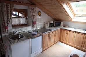 Kühlschrank, Mikrowelle, Herdplatte, Wasserkocher mit Kaffee-/Teezubehör