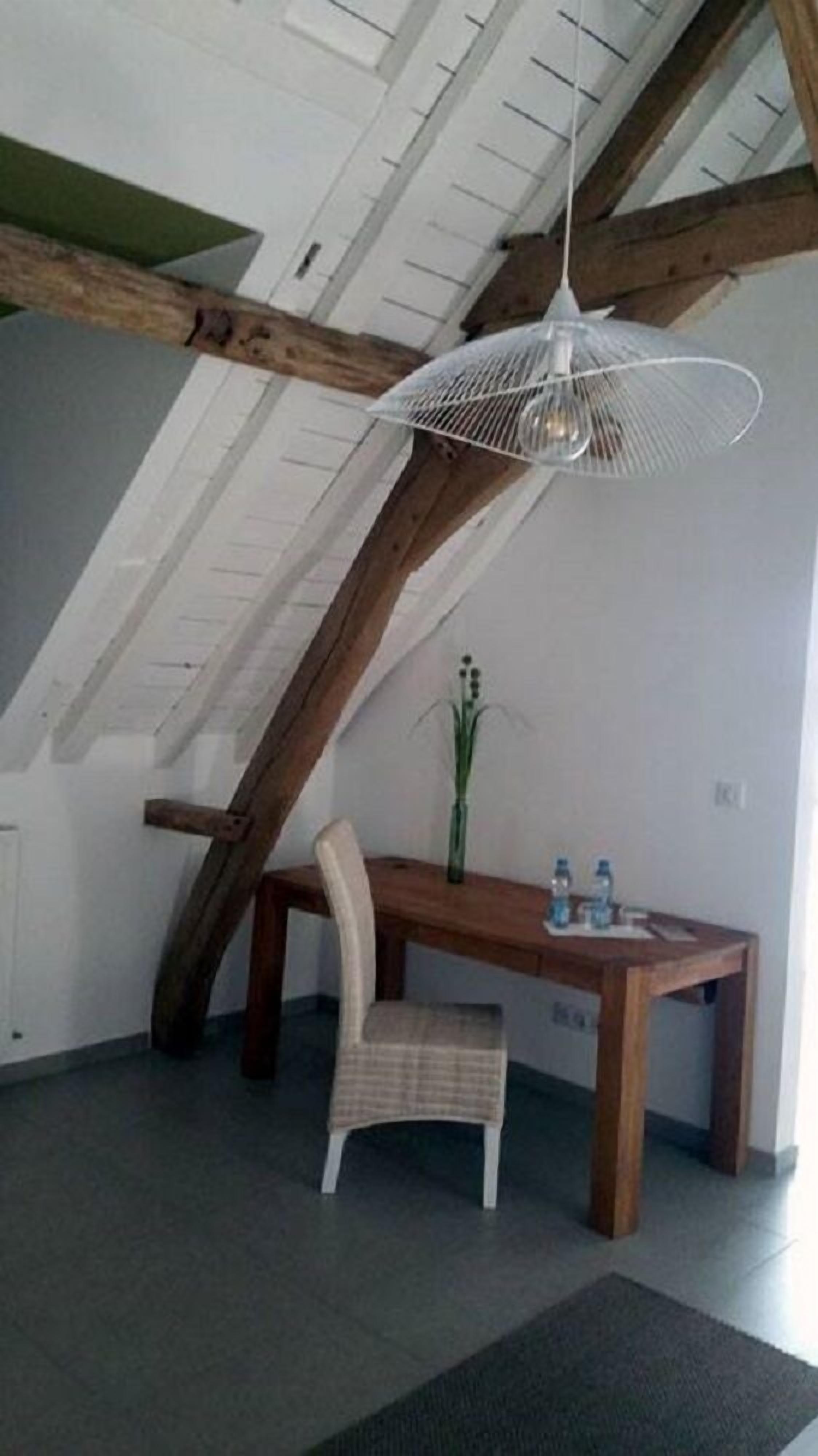 Un comedor con una mesa y una silla de madera, una lámpara colgante y un jarrón con una planta.
