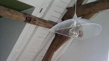Un comedor con una mesa y una silla de madera, una lámpara colgante y un jarrón con una planta.