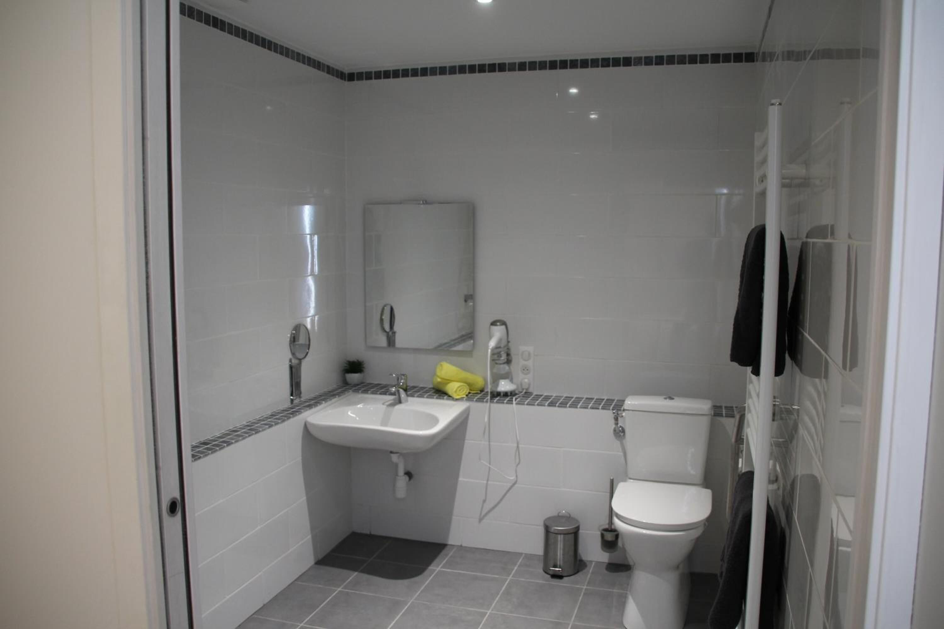 A modern bathroom with a sink, mirror, toilet, and shower.