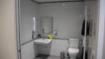 A modern bathroom with a sink, mirror, toilet, and shower.
