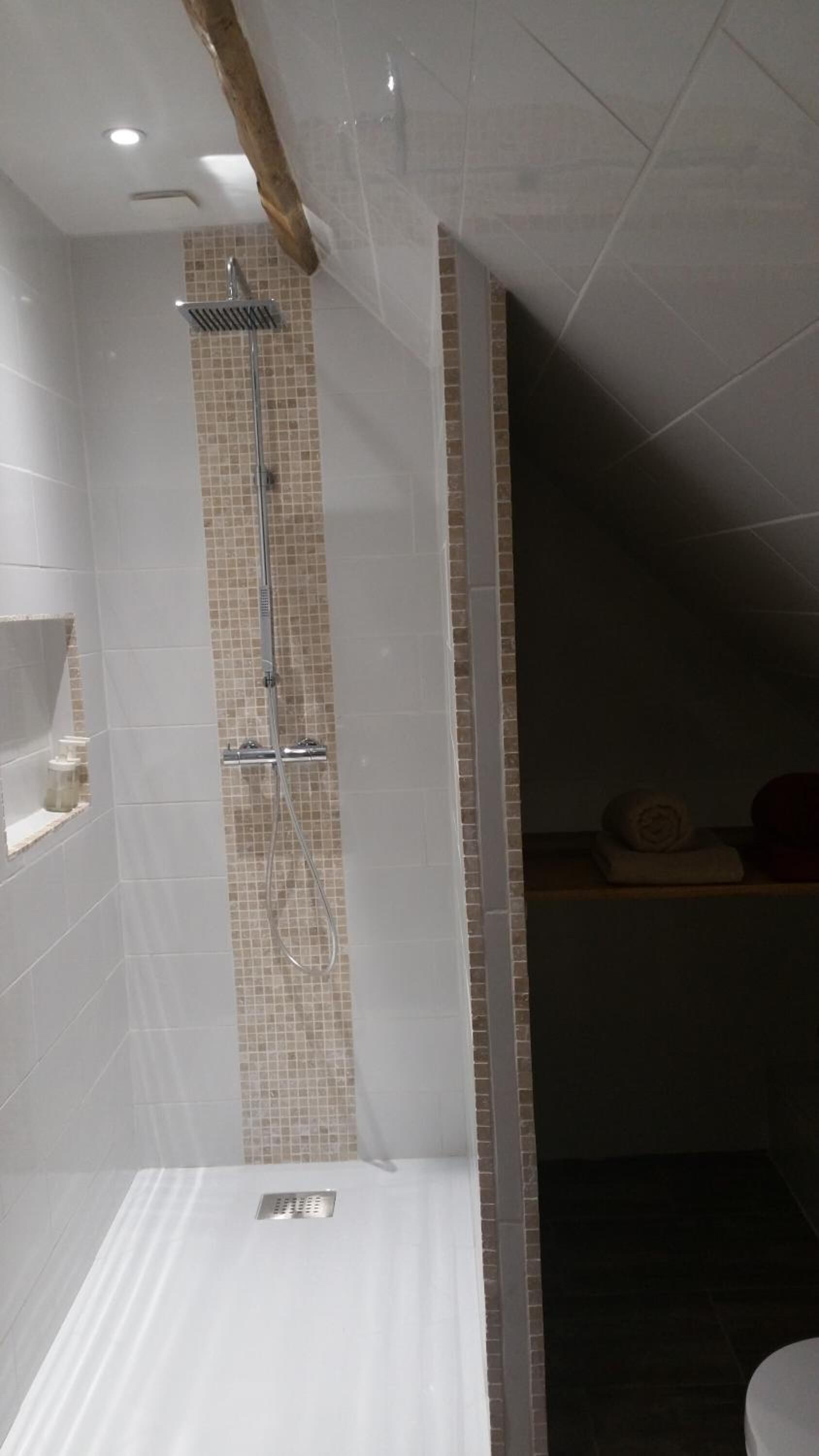 Een moderne badkamer met een douche, betegelde wanden en een houten balk in het plafond.