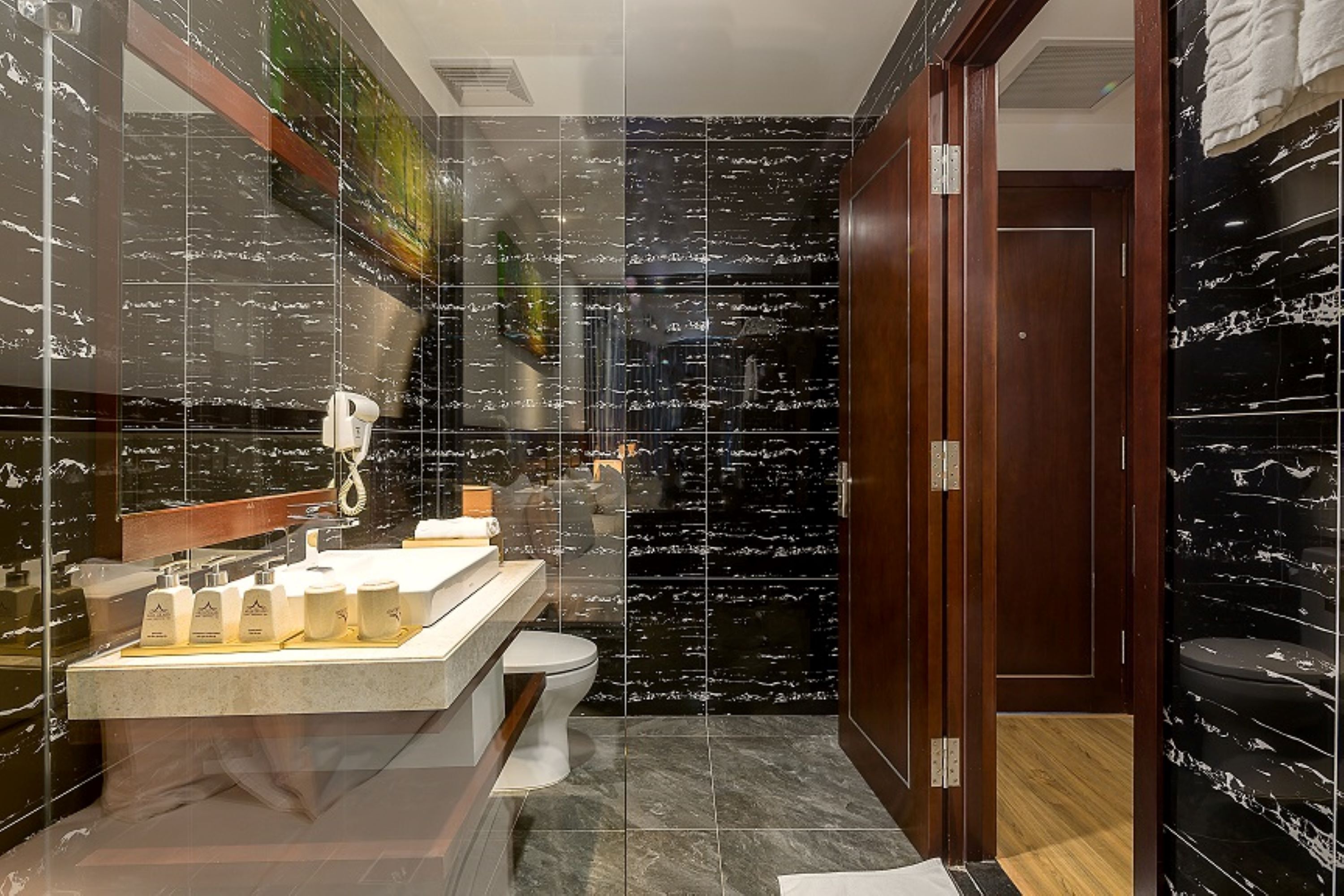 free toiletries, hair dryer, bathrobes, slippers