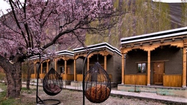 A row of traditional wooden buildings with hanging egg chairs in front. - Shangrila Resort Nubra (Leh)