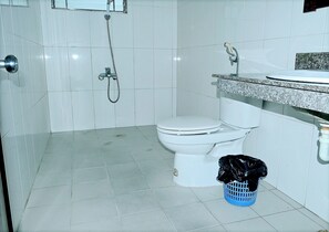 Een badkamer met een wit toilet, een douche en een wastafel met een granieten blad.