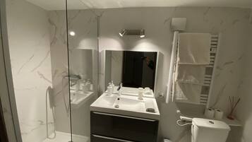 Une salle de bain moderne avec une douche à parois de verre, un meuble-lavabo avec un miroir et des toilettes.