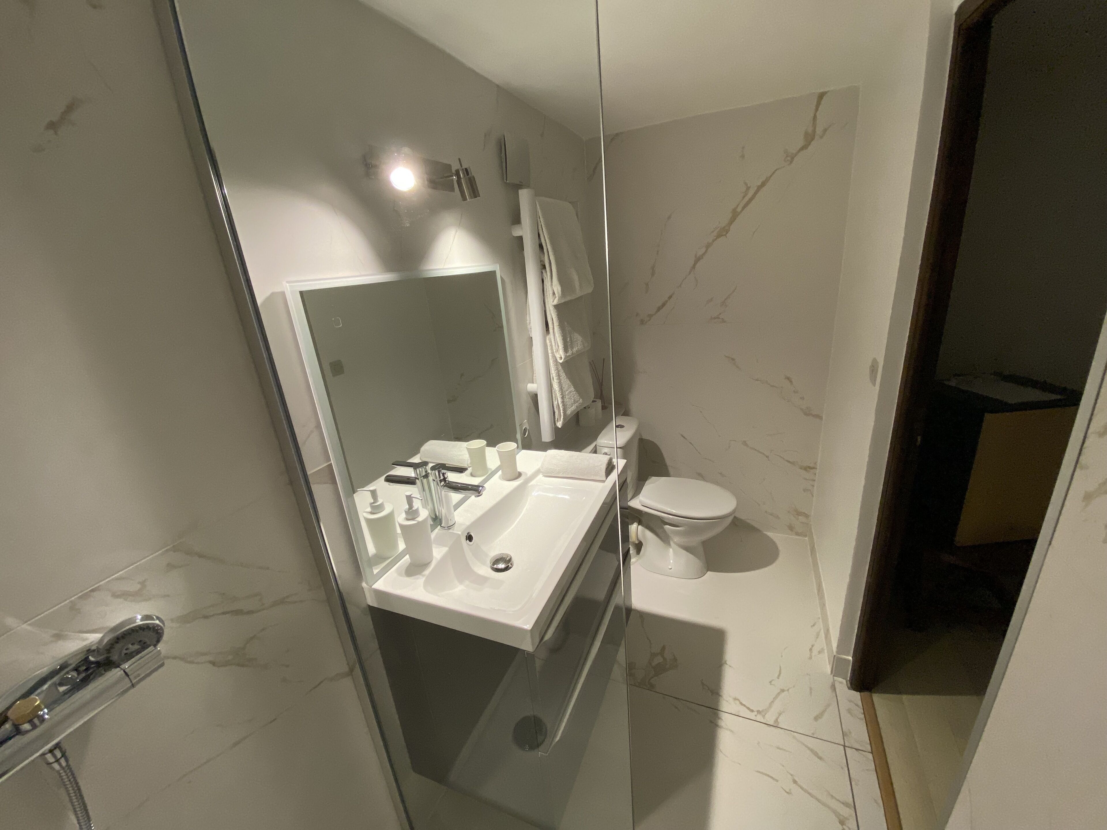 Een moderne badkamer met een douchecabine van glas, een witte wastafel en een toilet.