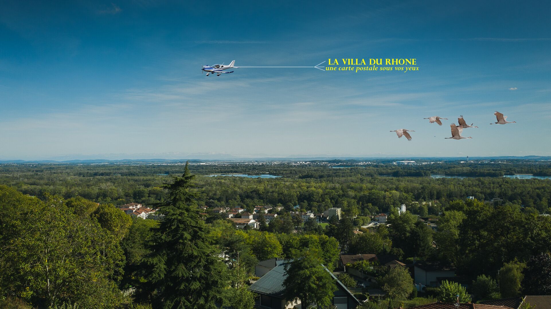 A scenic view of a town with a clear sky, a small airplane flying, and a flock of birds in the distance.