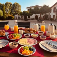 Una mesa de desayuno al aire libre con diferentes alimentos, bebidas y vistas a un patio con edificios.