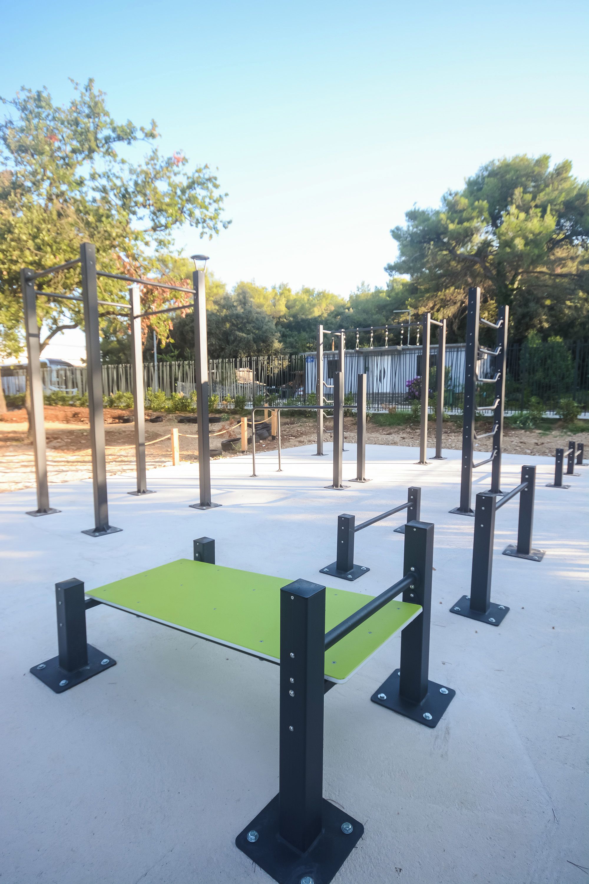 An outdoor exercise area with a green platform and black metal poles.