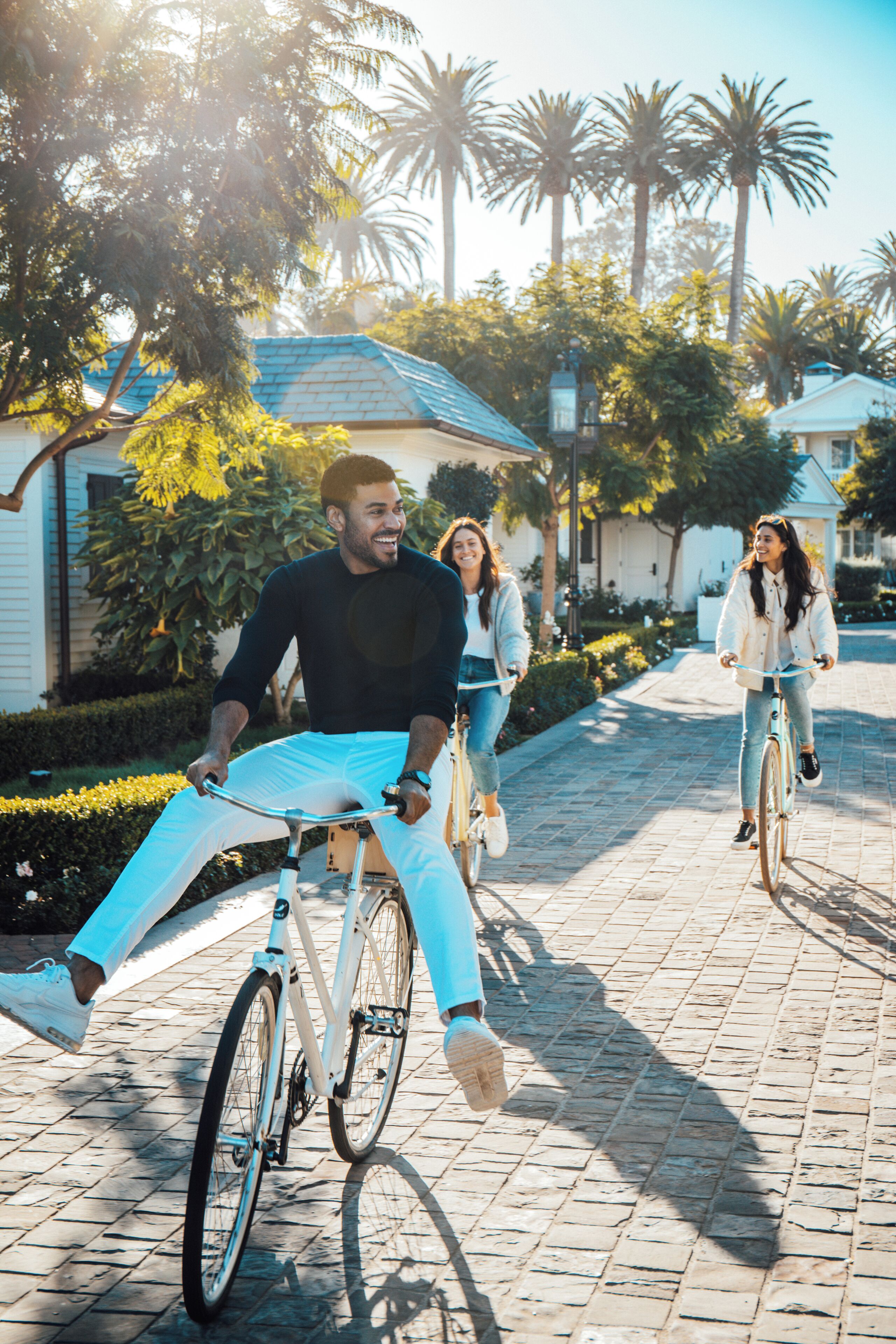 A paved pathway with bicycles, palm trees, and residential buildings in the background.