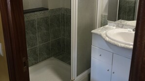 Un ba ño con ducha, lavabo y espejo.