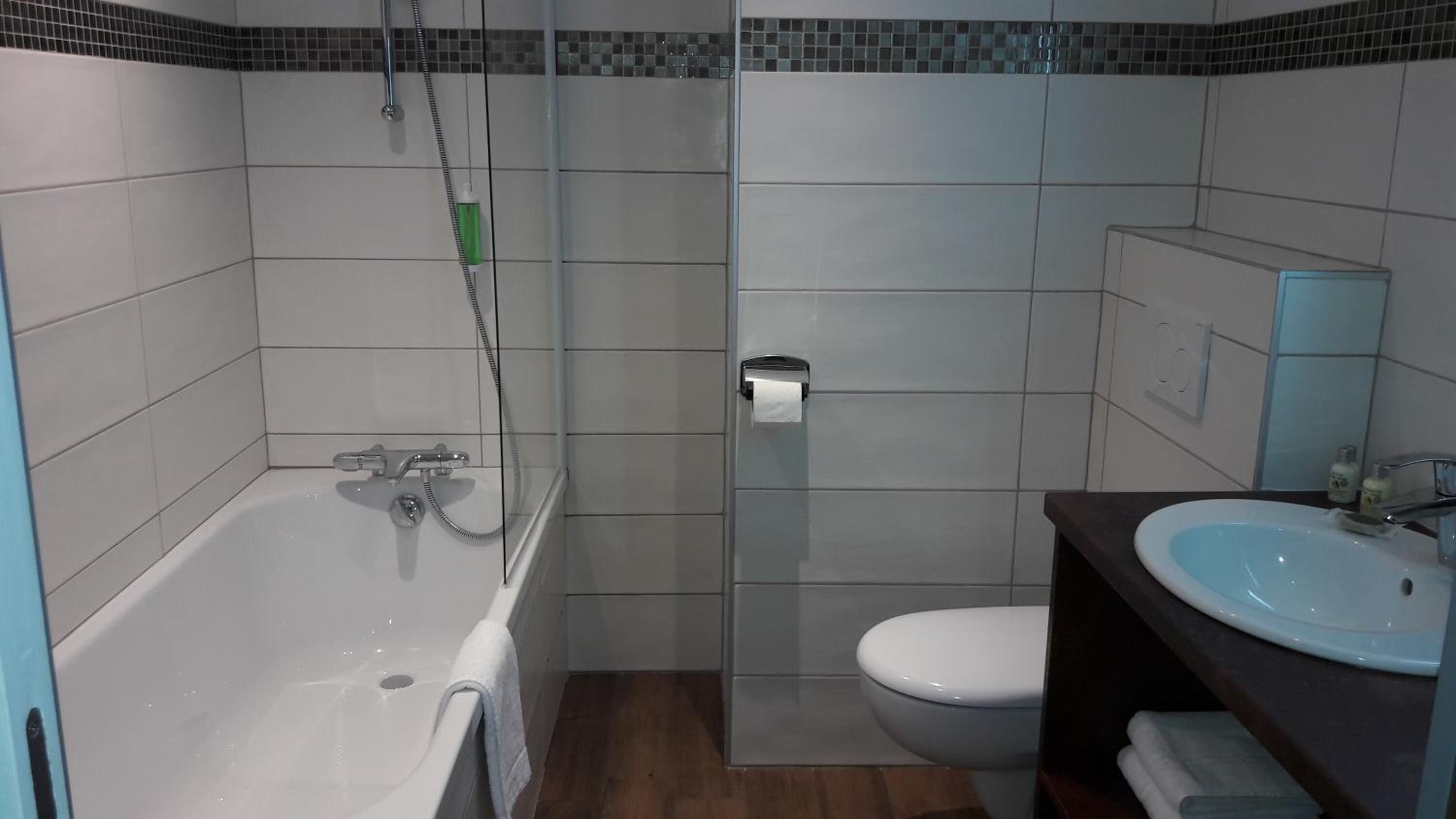 deep-soaking bathtub, free toiletries, hair dryer, bathrobes