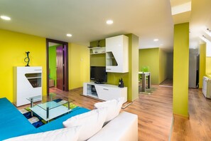 Deluxe Apartment, 2 Bedrooms | Living area | Flat-screen TV - Serdika Round Tower Apartments (Sofia)