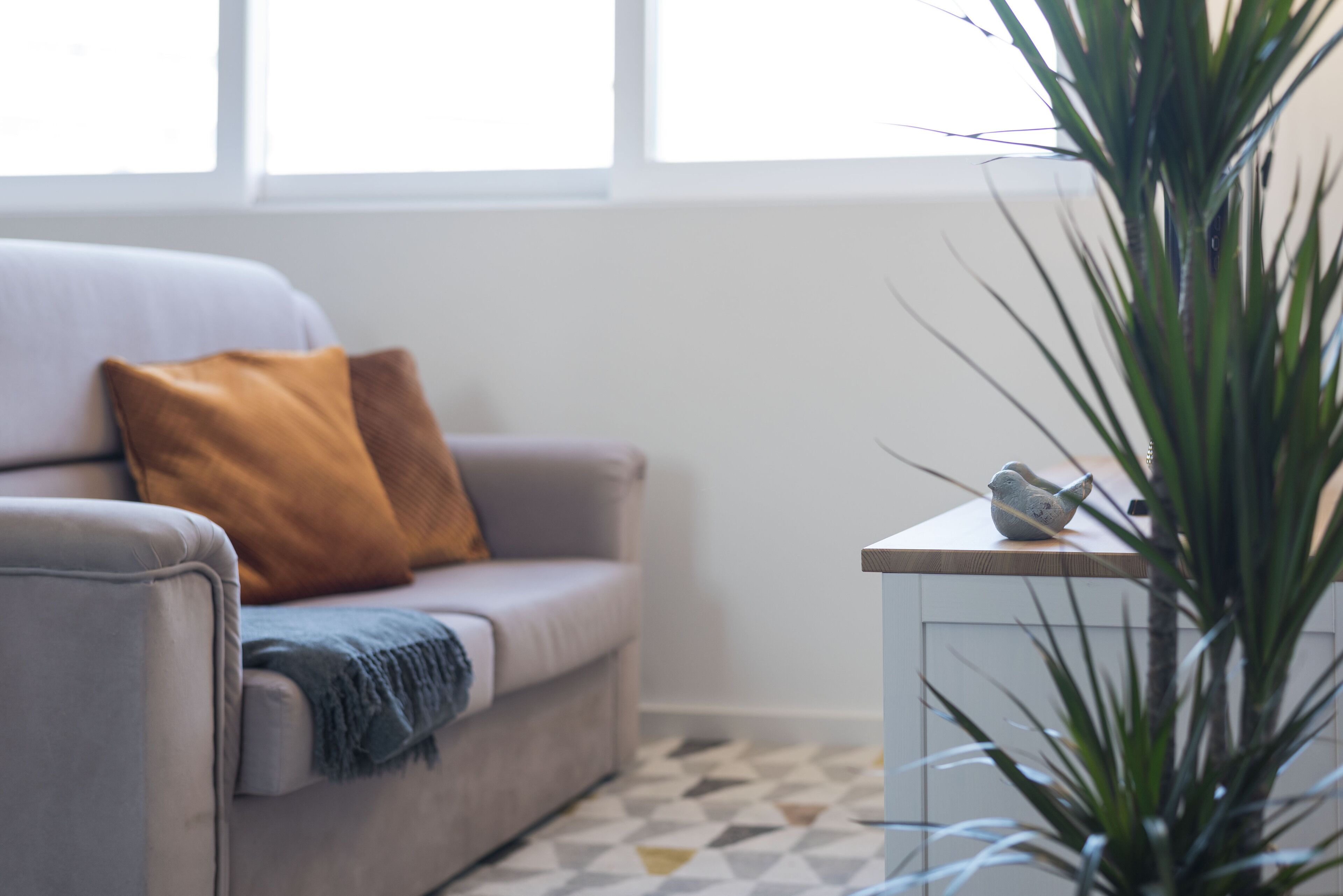 Une pièce avec un canapé gris, un coussin marron, une petite table ornée d’une figurine d’oiseau et une grande plante verte.