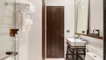 Un baño moderno con cabina de ducha de vidrio, puerta de madera, lavamanos blanco y un espejo grande.