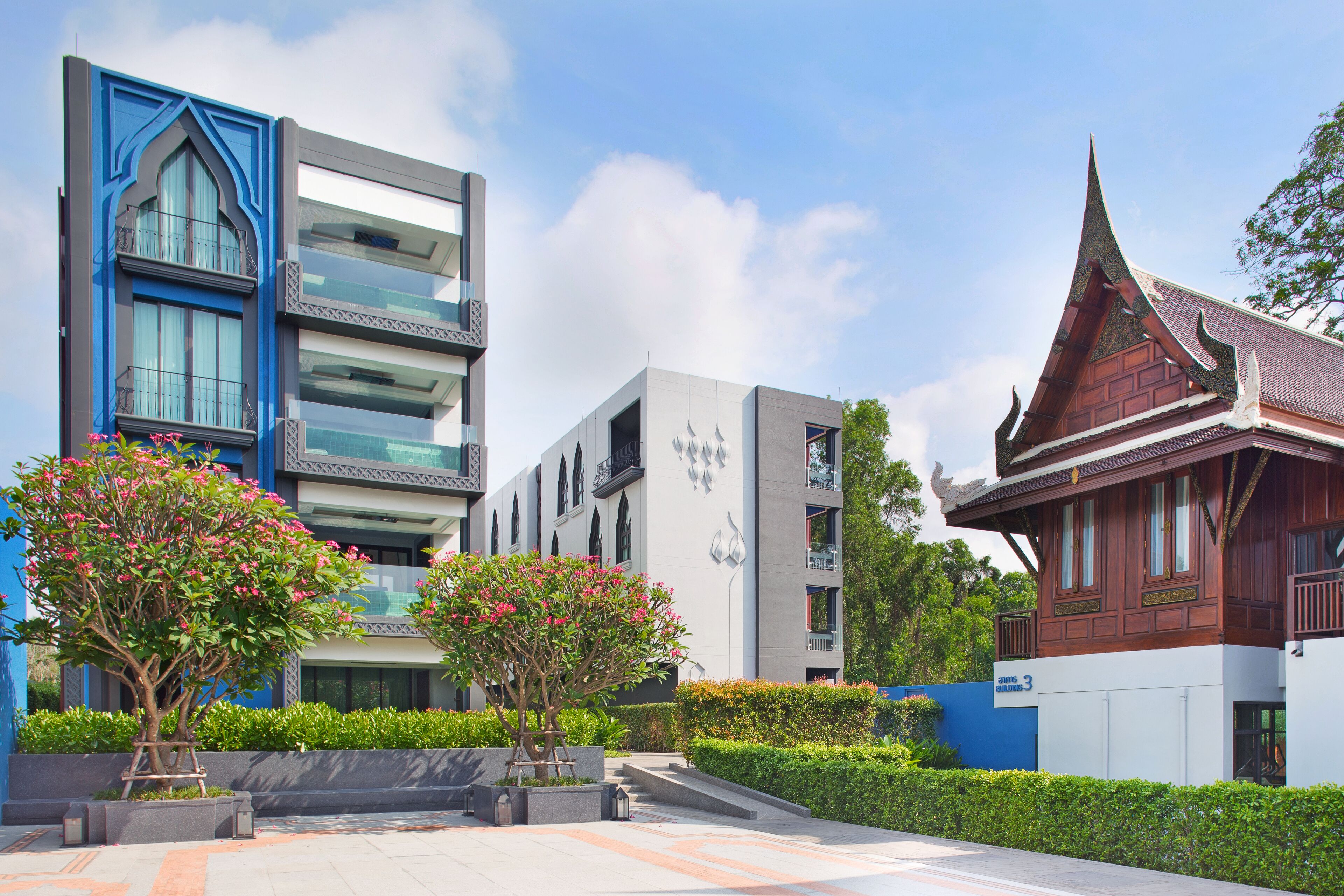 A modern building with a traditional Thai architectural style.