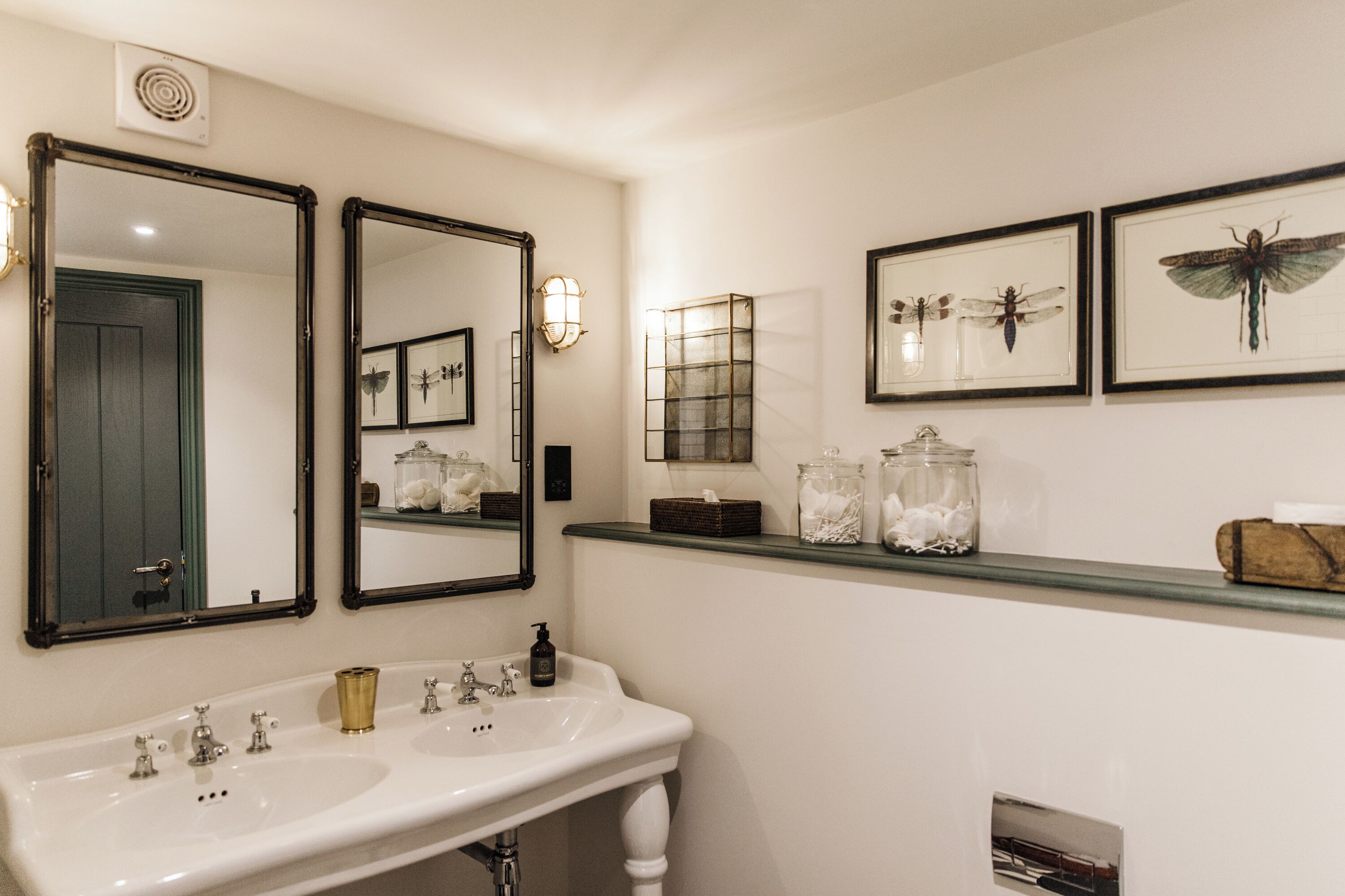 Une salle de bain avec un lavabo blanc, deux miroirs et des tableaux encadrés représentant des insectes accrochés au mur.