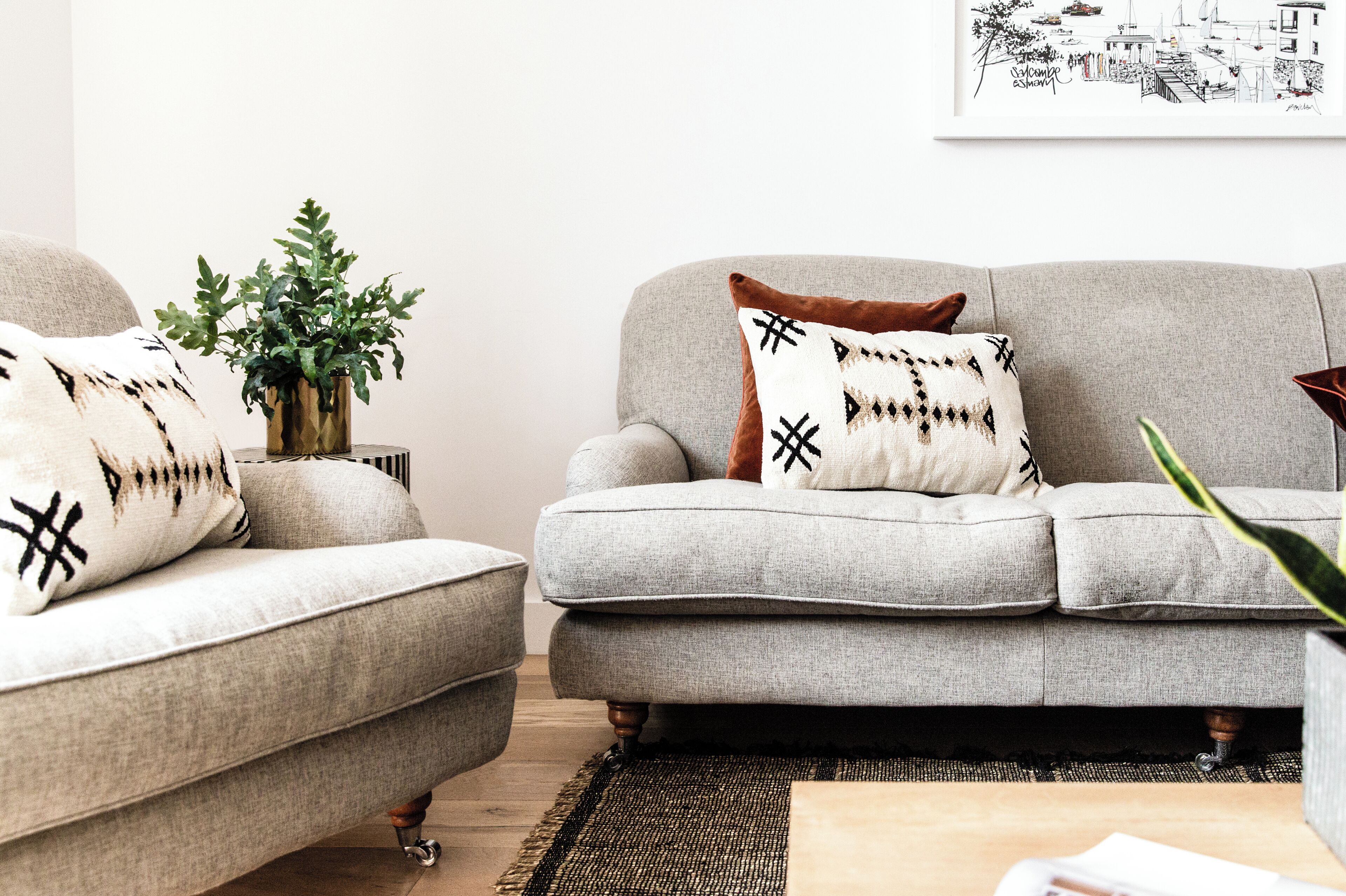 A living room with two grey sofas, one with a patterned pillow and the other with a plain pillow. There is a green plant in a vase on the floor.