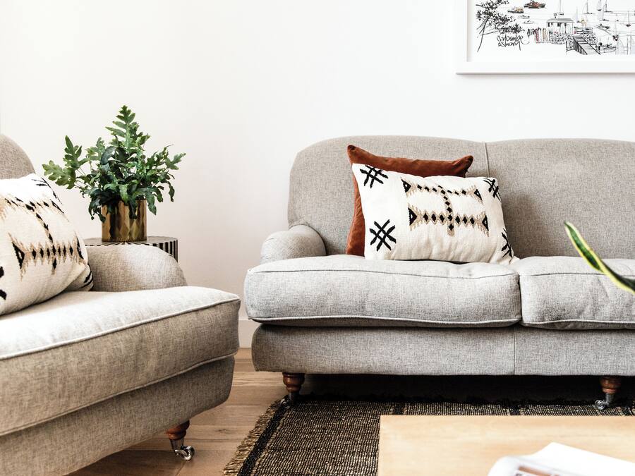 A living room with two grey sofas, one with a patterned pillow and the other with a plain pillow. There is a green plant in a vase on the floor.