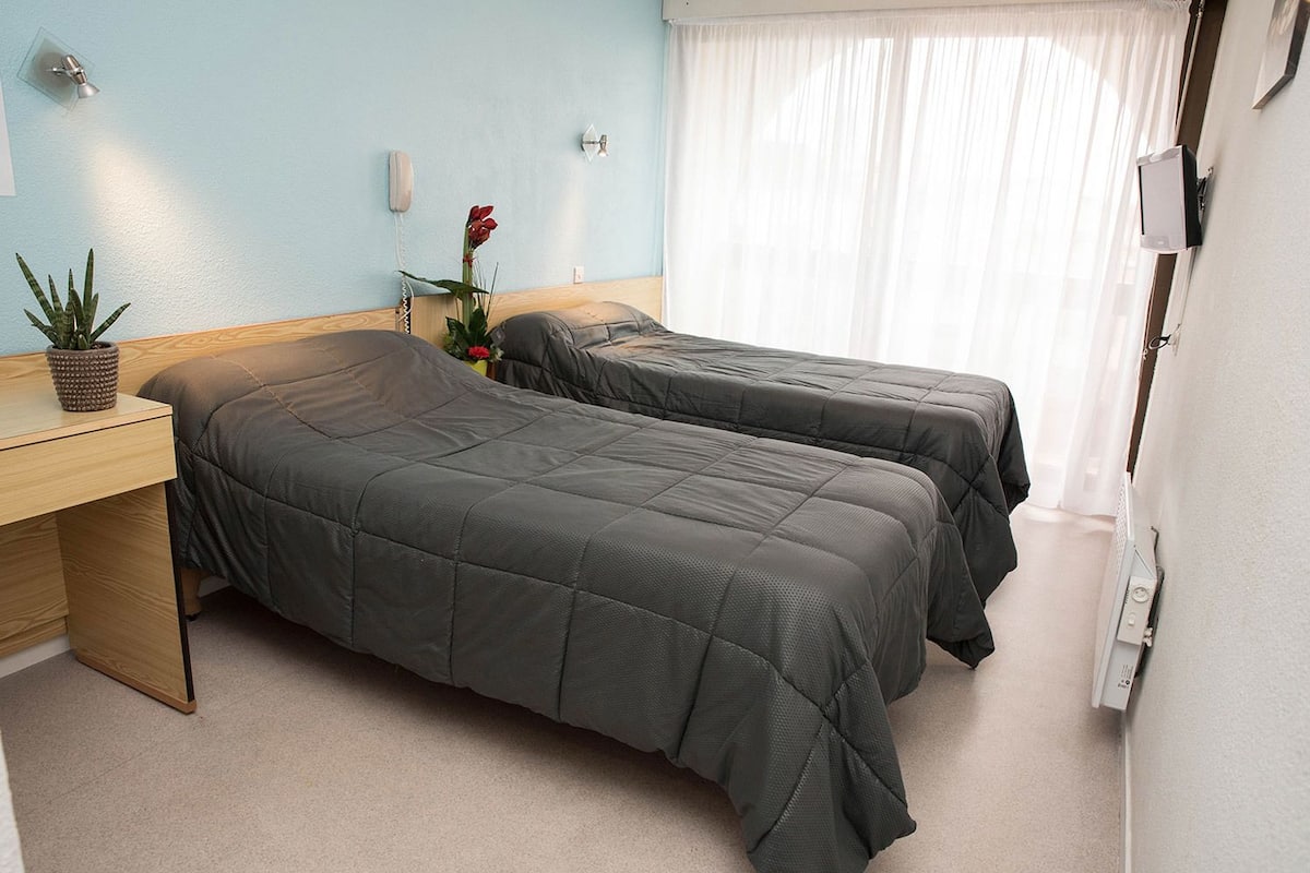 A hotel room with two beds, a desk, a potted plant, a telephone, and a window with curtains.
