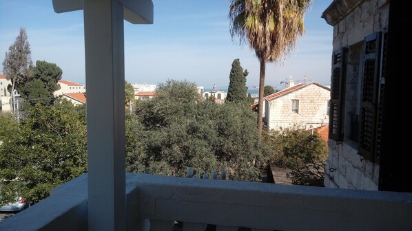 A balcony with a view of a residential area, including houses and trees.