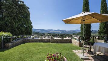 A patio with a table and chairs, a potted plant, and a view of the countryside.