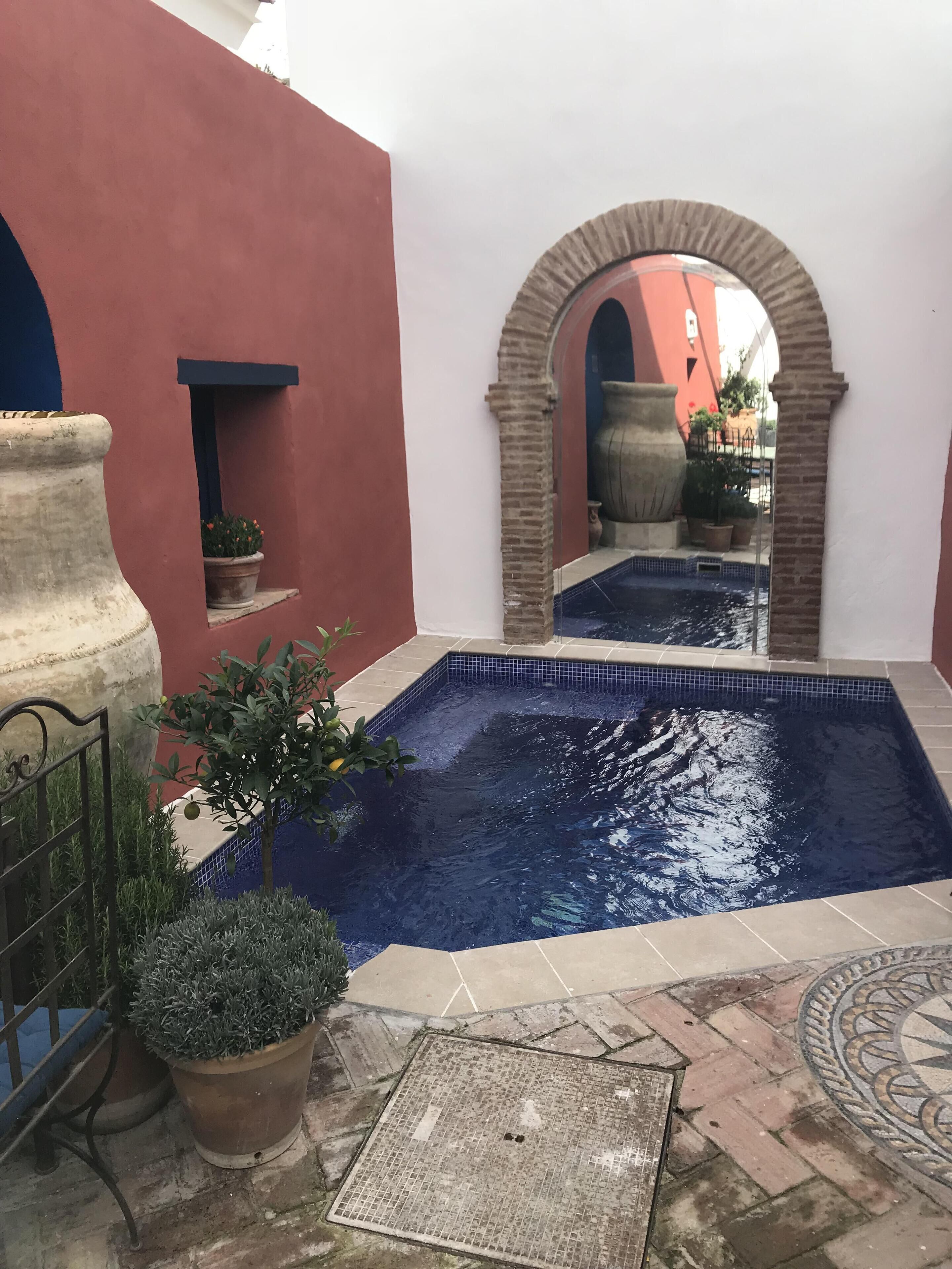 Un patio con piscina, plantas en macetas y suelo de baldosas.