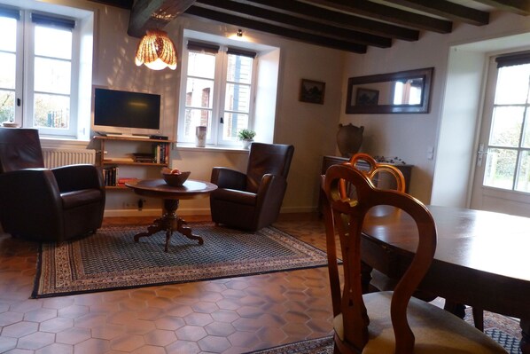 Un salon chaleureux avec une cheminée, des fauteuils confortables, un téléviseur et une grande fenêtre.