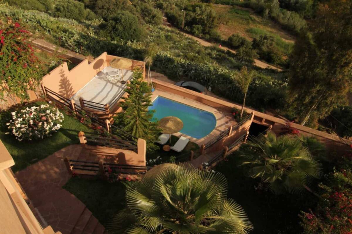 An aerial view of a pool area with a hot tub, lounge chairs, and surrounding greenery.