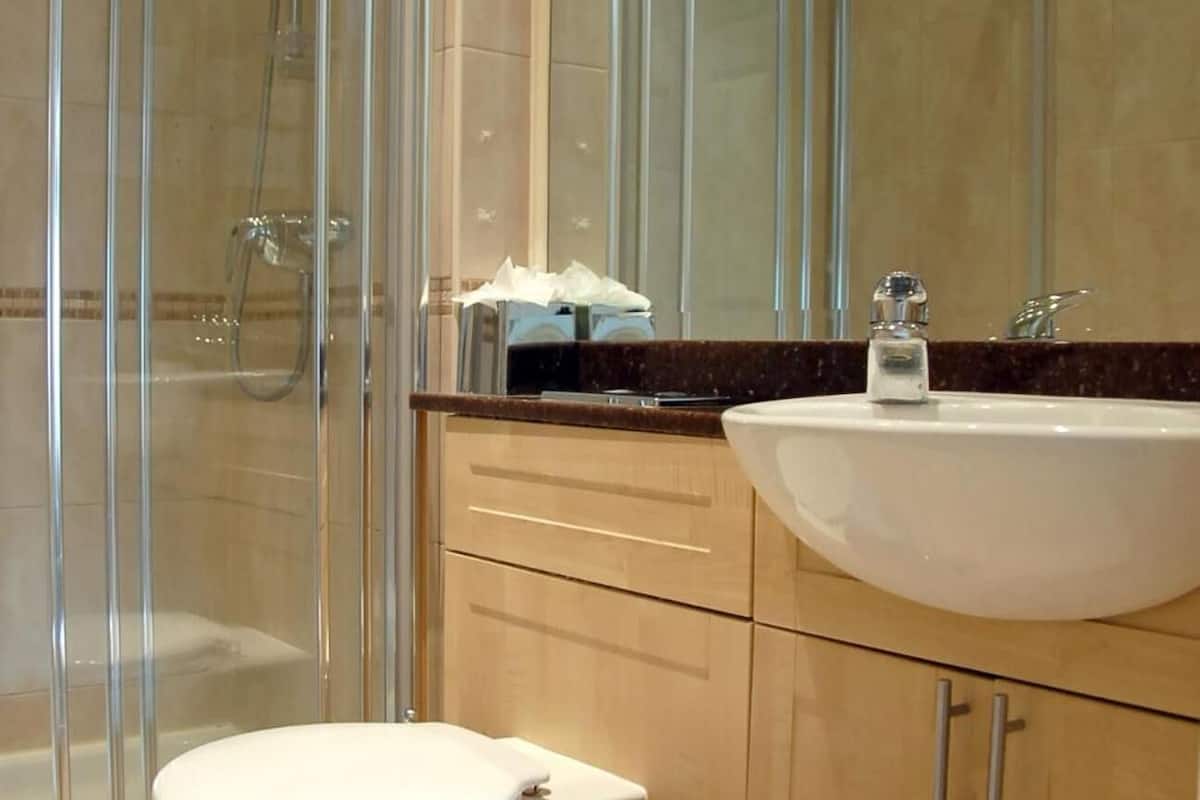 separate bathtub and shower, free toiletries, hair dryer, towels