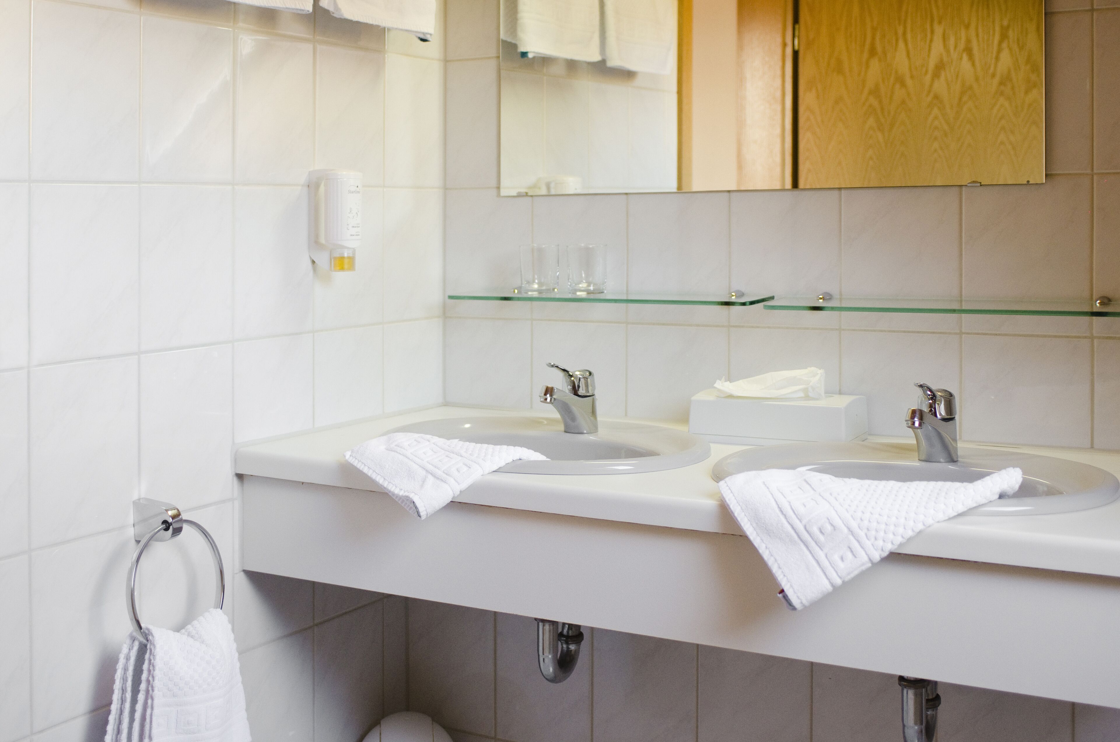 A modern bathroom with two sinks, a glass shelf above the sink, a towel rack, and a mirror.