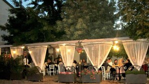 An outdoor dining area with tables and chairs under a canopy. - Hotel Europa (Viadana)