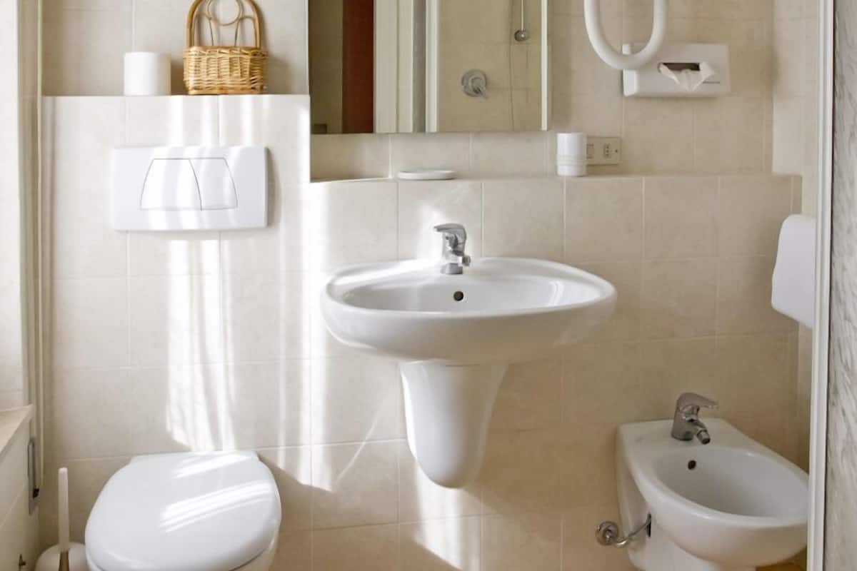 Eenpersoonskamer | Badkamer | Een douche, gratis toiletartikelen, een haardroger, een bidet