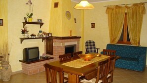 A dining area with a brick fireplace, wooden chairs, a table with a placemat, a television on a stand, and a blue sofa.