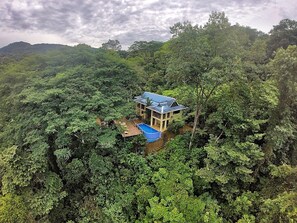 Une maison entourée d’une forêt dense, dotée d’une piscine et d’un patio couvert.
