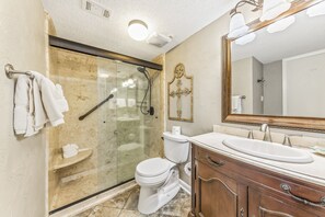 Signature Condo, 2 Bedrooms, Balcony, Lagoon View | Bathroom | Combined shower/bathtub, free toiletries, towels, soap - Compass Point 303 (Gulf Shores)