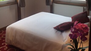 Habitación de hotel con una cama grande, un televisor de pantalla plana en la pared y una ventana con cortinas.