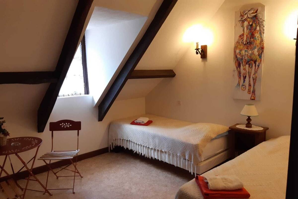 Une chambre mansardée chaleureuse, avec deux lits, une petite table et une chaise.