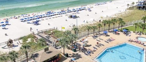 Indoor pool, pool umbrellas, pool loungers