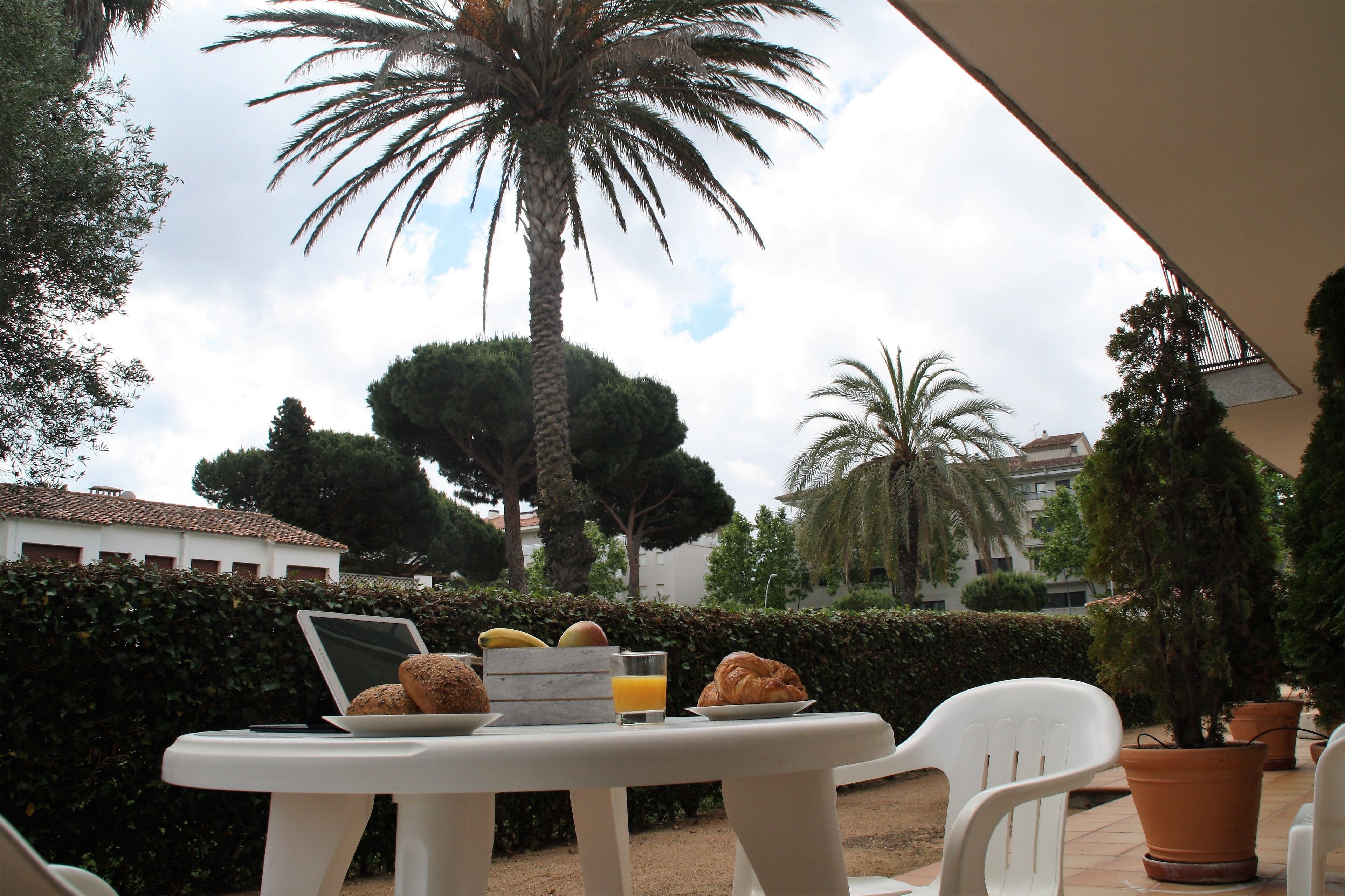 Una mesa con alimentos para el desayuno, una computadora portátil y un vaso de jugo de naranja en un entorno al aire libre con palmeras y un edificio en el fondo.