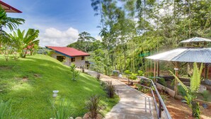 A pathway leading to a house with a red roof, surrounded by lush greenery and trees. - Valley of Dreams Eco Lodge Room (Barú)
