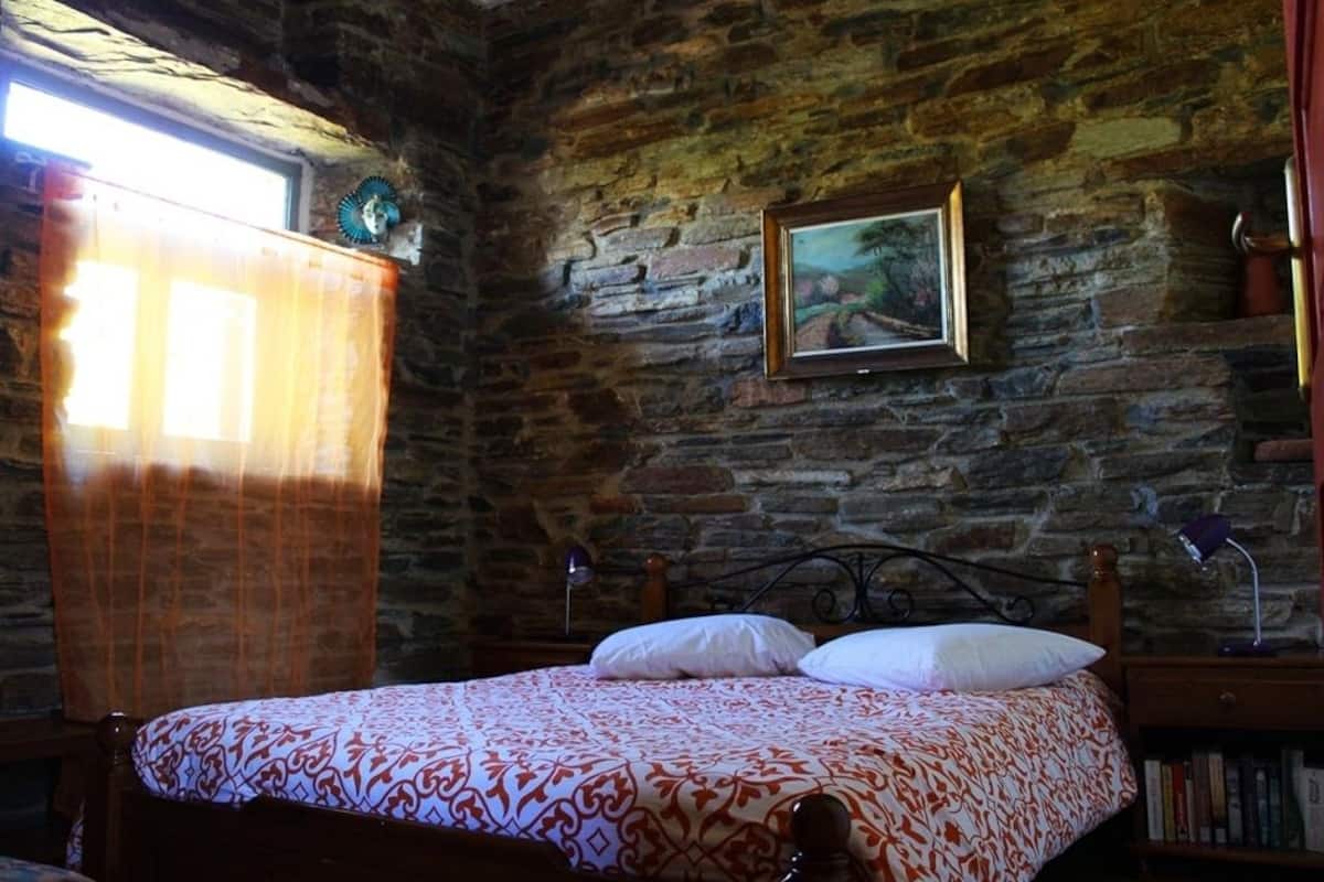 A bedroom with a stone wall, a bed with patterned bedding, a nightstand with a lamp, and a bookshelf.