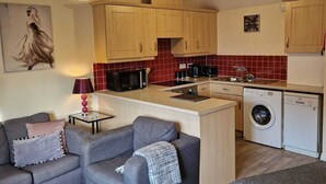 A compact living space with a kitchenette, grey sofa, and a washing machine. - Mayflower Coach House (Hereford)