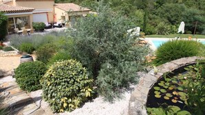 Une villa dotée d’une piscine, entourée d’une végétation luxuriante et d’un jardin agrémenté de diverses plantes et d’un petit étang.