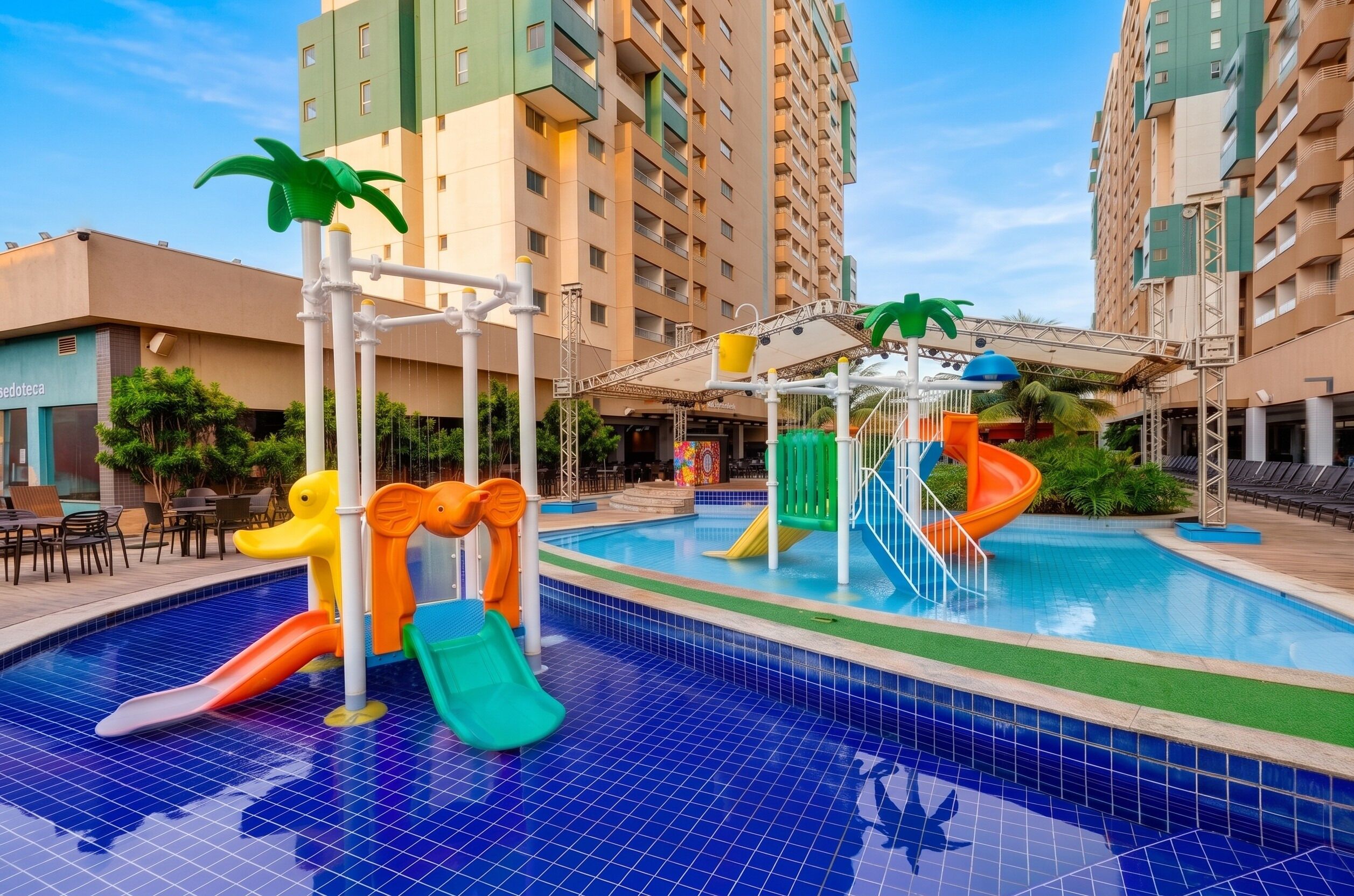 Una piscina con toboganes, una zona de juegos acuáticos y un edificio al fondo.