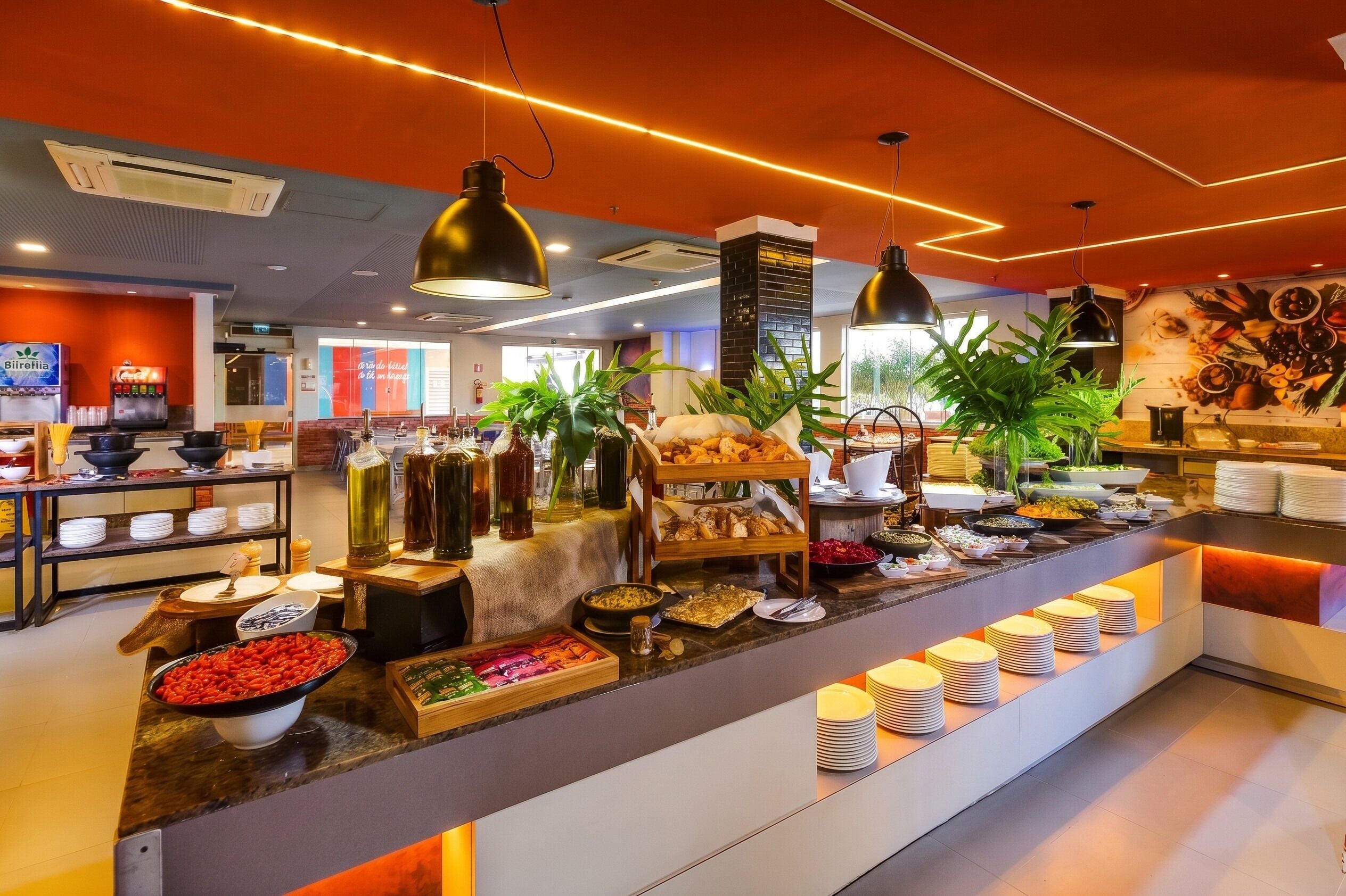 Un área de bufé con distintos tipos de comida y un diseño interior moderno.