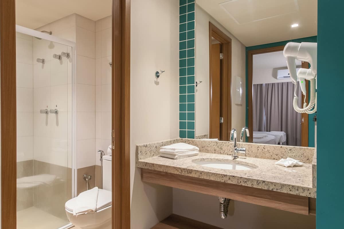 shower, free toiletries, hair dryer, towels